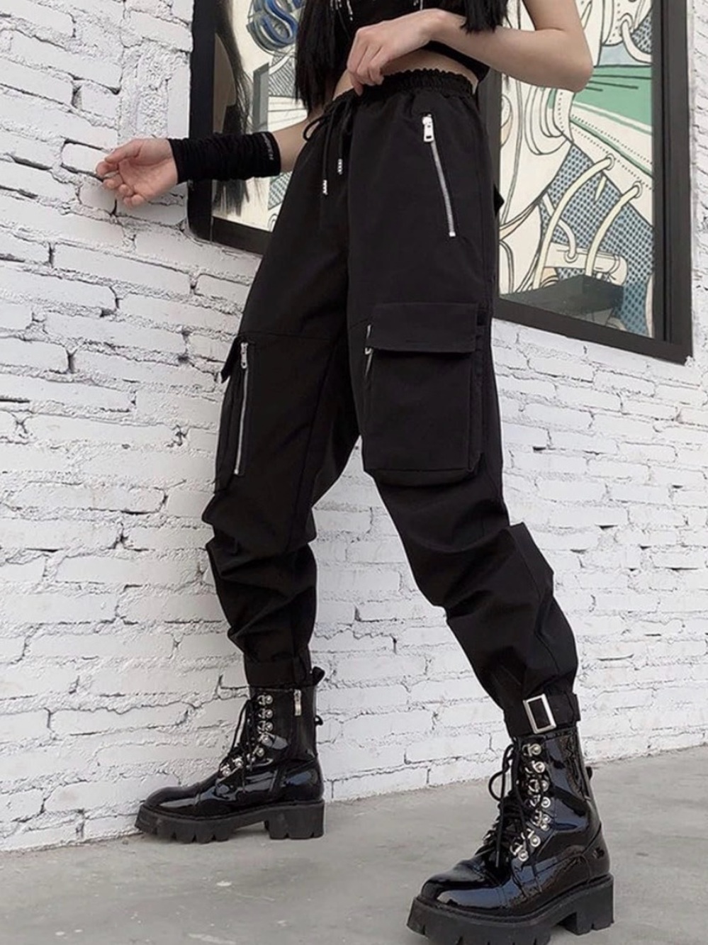 Black Y2K Techwear Cargo Jogger Pants Streetwear Utility XS 🖤 - Picture 3 of 5